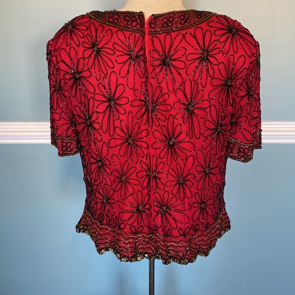 VTG Adrianna Papell Evening Essentials Beaded Top Size XL Floral Red Black Silk - Picture 7 of 11